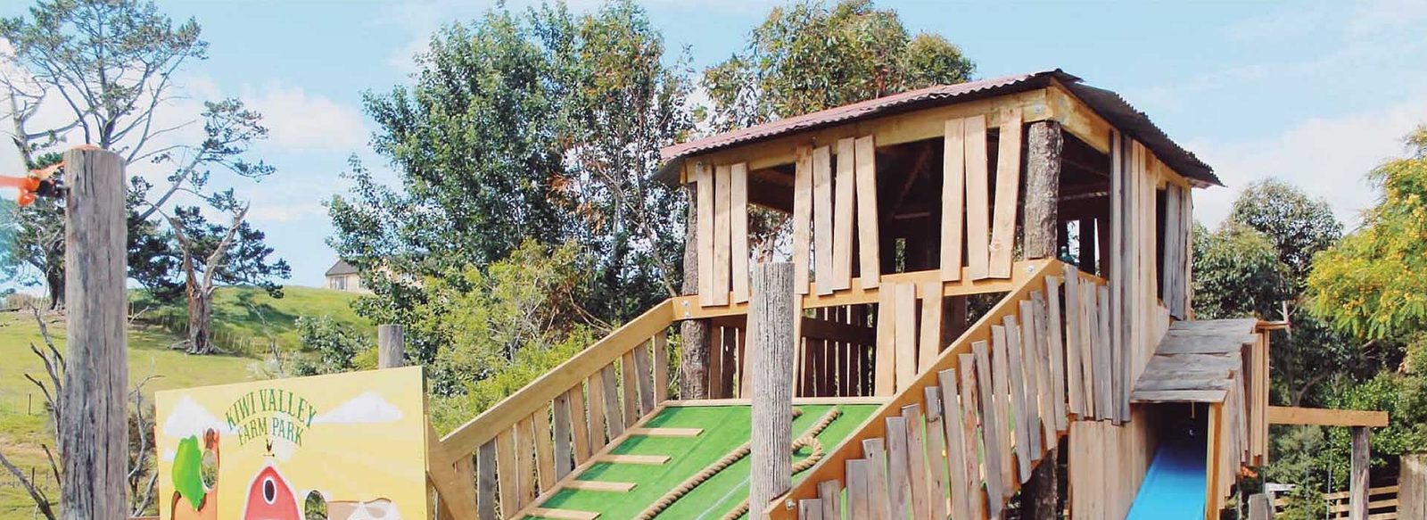 The wooden fort and slide in the playground