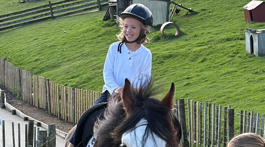 A smiling boy riding a Clydesdale, led along the path
