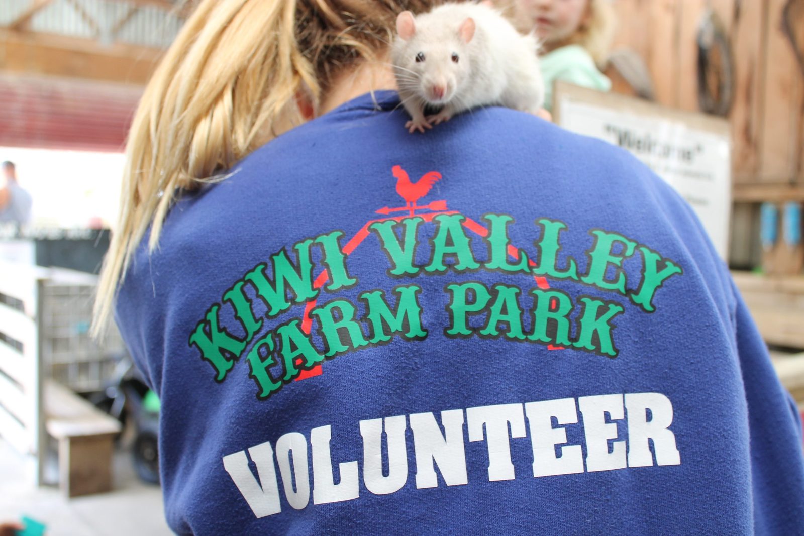 A Kiwi Valley volunteer with a rat on her shoulder